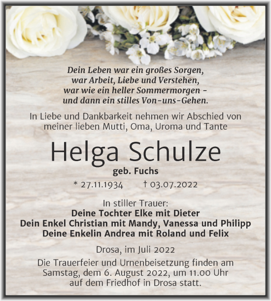 Traueranzeige von Helga Schulze von Trauerkombi Köthen
