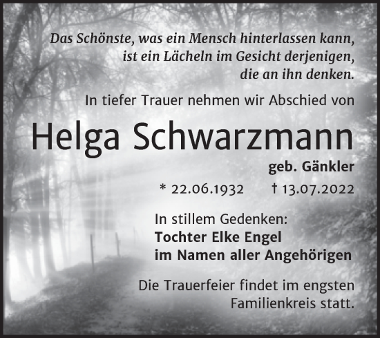 Traueranzeige von Helga Schwarzmann von Trauerkombi Weißenfels