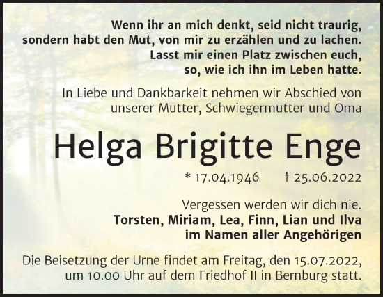 Traueranzeige von Helga Brigitte Enge von Trauerkombi Bernburg