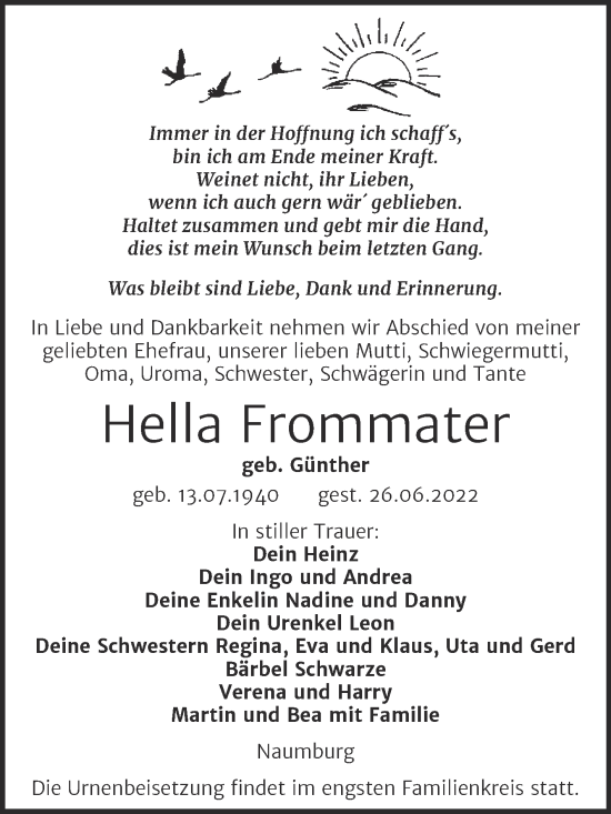 Traueranzeige von Hella Frommater von Wochenspiegel Naumburg/Nebra