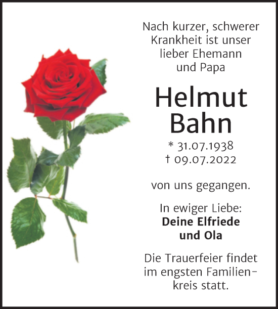 Traueranzeige von Helmut Bahn von Trauerkombi Dessau