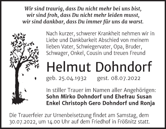 Traueranzeige von Helmut Dohndorf von Mitteldeutsche Zeitung Halle/Saalkreis