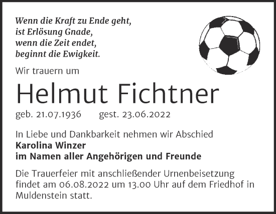 Traueranzeige von Helmut Fichtner von Trauerkombi Bitterfeld