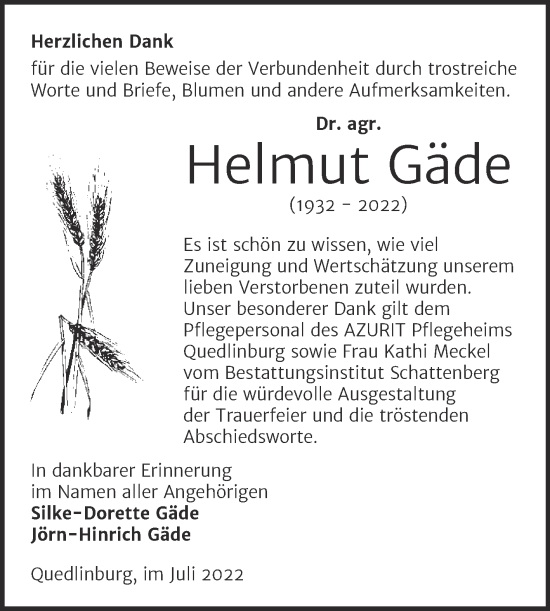 Traueranzeige von Helmut Gäde von Trauerkombi Quedlinburg