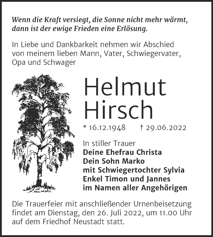  Traueranzeige für Helmut Hirsch vom 02.07.2022 aus Mitteldeutsche Zeitung Halle/Saalkreis