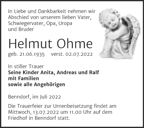 Traueranzeige von Helmut Ohme von Trauerkombi Mansfelder Land