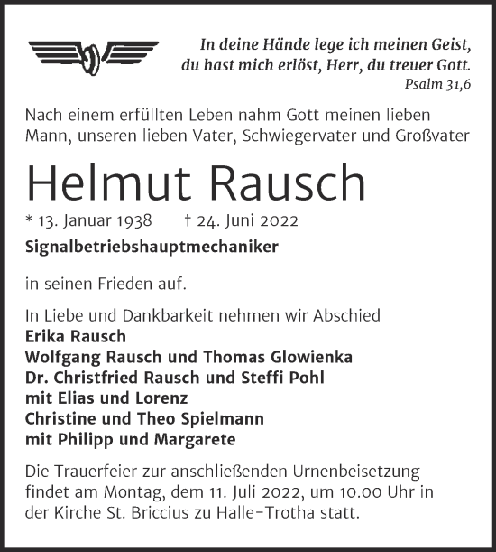Traueranzeige von Helmut Rausch von Mitteldeutsche Zeitung Halle/Saalkreis