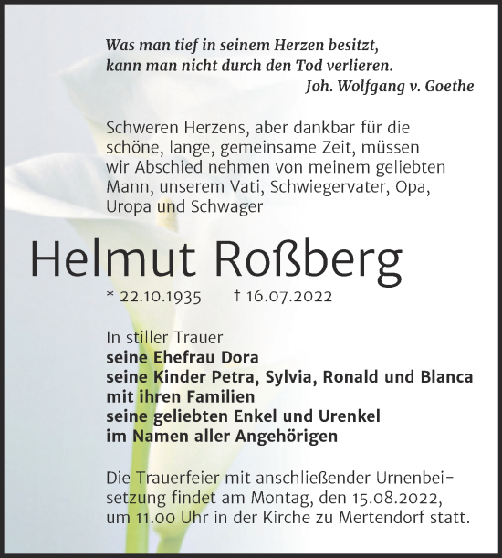 Traueranzeige von Helmut Roßberg von Wochenspiegel Naumburg/Nebra