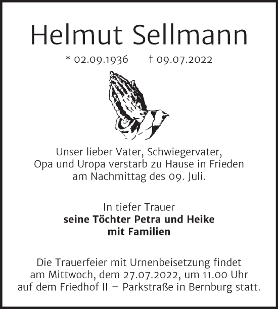 Traueranzeige von Helmut Seilmann von Trauerkombi Bernburg