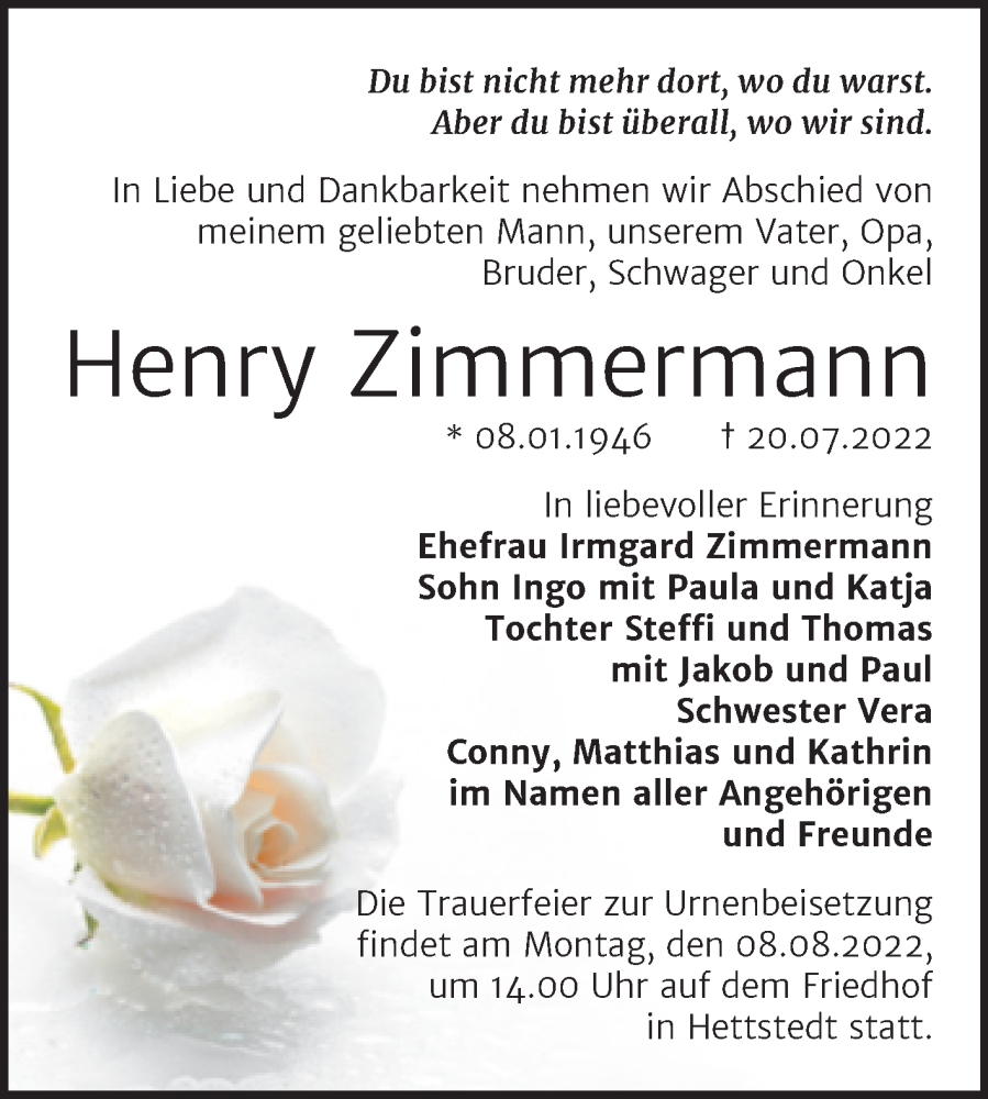  Traueranzeige für Henry Zimmermann vom 29.07.2022 aus Trauerkombi Mansfelder Land