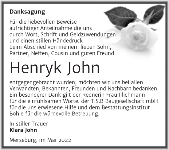 Traueranzeige von Henryk John von Trauerkombi Merseburg