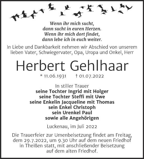 Traueranzeige von Herbert Gehlhaar von Trauerkombi Zeitz