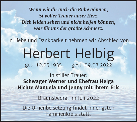 Traueranzeige von Herbert Helbig von Mitteldeutsche Zeitung Merseburg/Querfurt