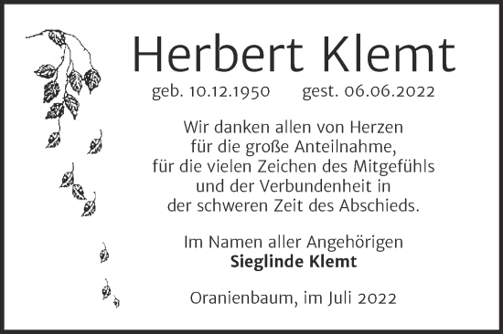 Traueranzeige von Herbert Klemt von Trauerkombi Wittenberg
