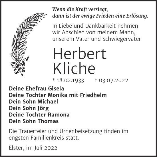 Traueranzeige von Herbert Kliche von Trauerkombi Wittenberg