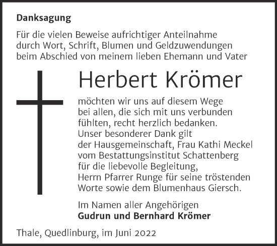Traueranzeige von Herbert Krömer von Trauerkombi Quedlinburg