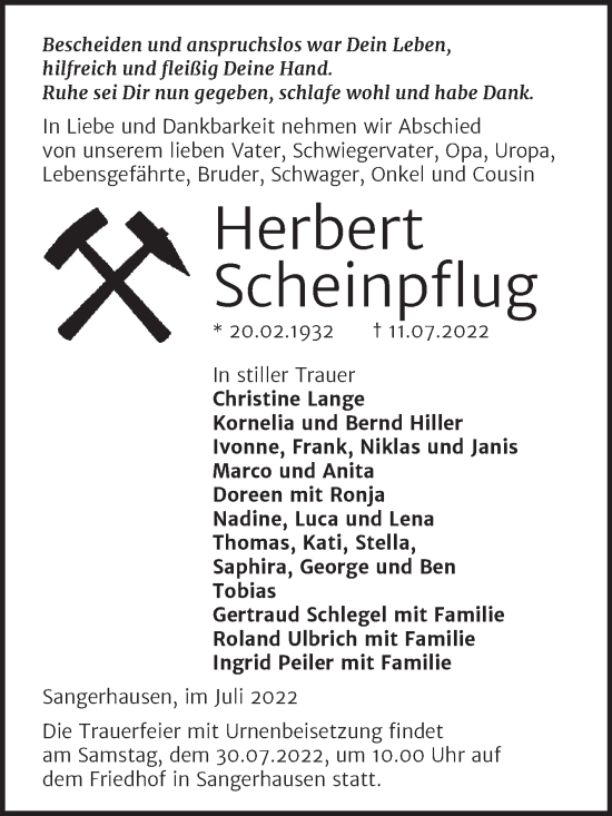 Traueranzeige von Herbert Scheinpflug von Mitteldeutsche Zeitung Sangerhausen