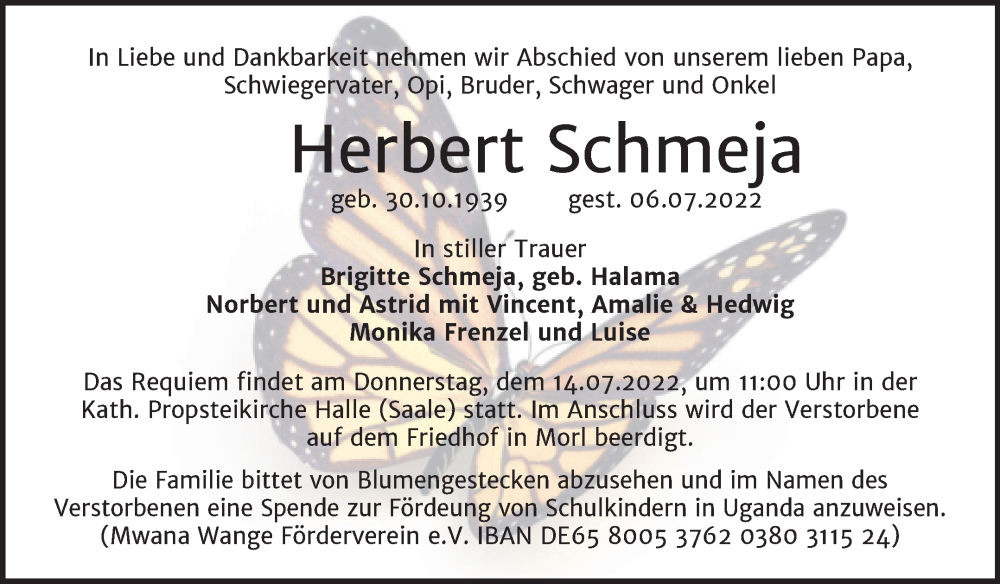  Traueranzeige für Herbert Schmeja vom 09.07.2022 aus Mitteldeutsche Zeitung Halle/Saalkreis