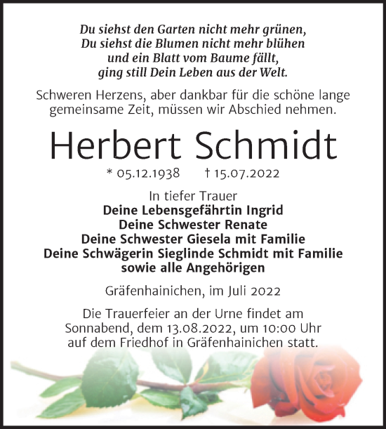 Traueranzeige von Herbert Schmidt von Trauerkombi Wittenberg