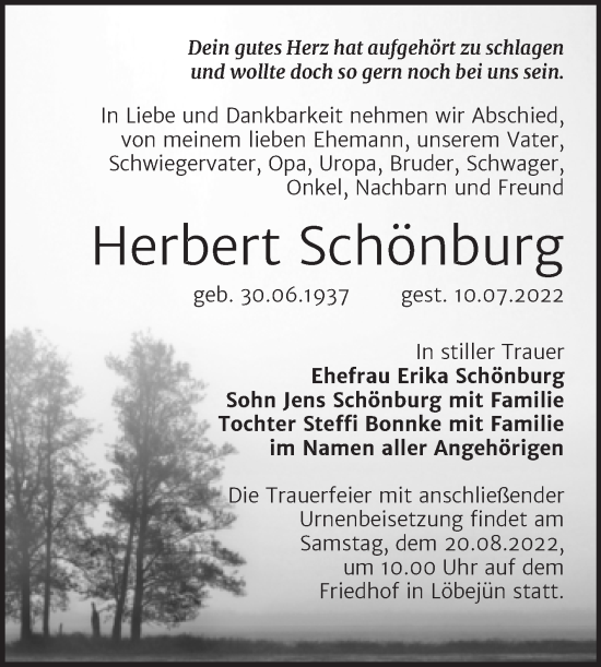 Traueranzeige von Herbert Schönburg von Mitteldeutsche Zeitung Halle/Saalkreis