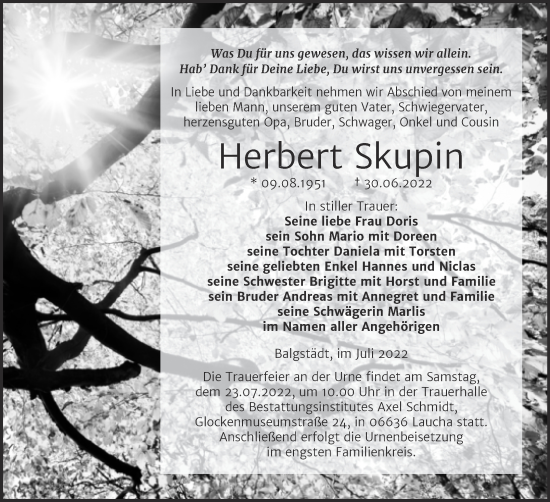 Traueranzeige von Herbert Skupin von Wochenspiegel Naumburg/Nebra