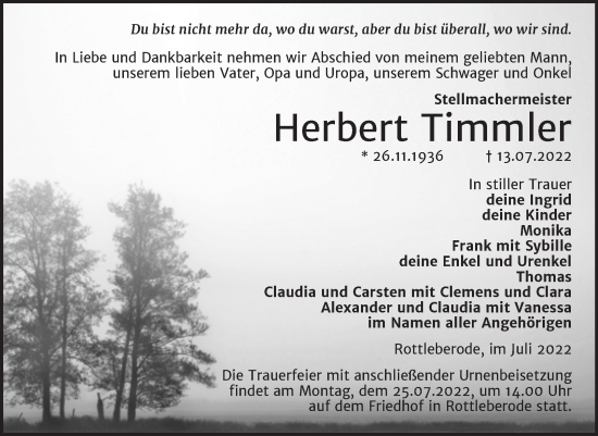 Traueranzeige von Herbert Timmler von Trauerkombi Sangerhausen