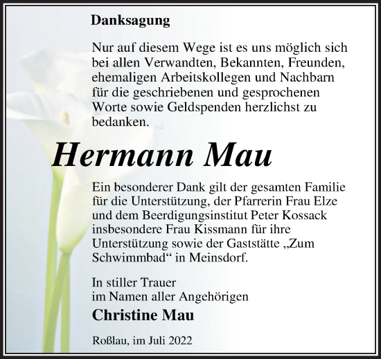 Traueranzeige von Hermann Mau von Trauerkombi Dessau