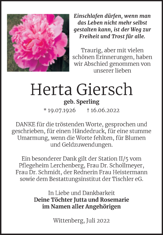 Traueranzeige von Herta Giersch von Trauerkombi Wittenberg