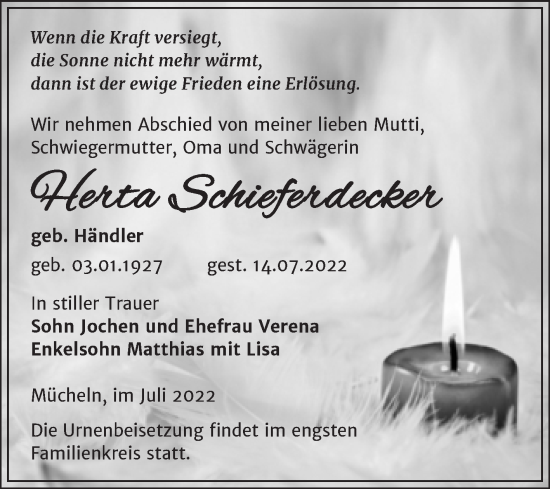 Traueranzeige von Herta Schieferdecker von Trauerkombi Merseburg