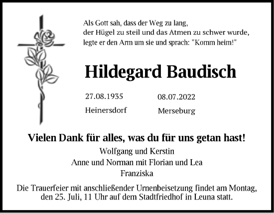 Traueranzeige von Hildegard Baudisch von Mitteldeutsche Zeitung Merseburg/Querfurt
