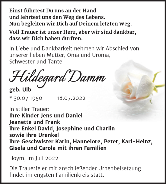 Traueranzeige von Hildegard Damm von Trauerkombi Aschersleben