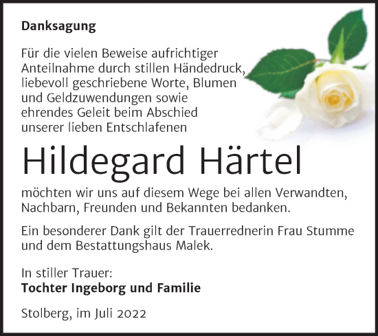 Traueranzeige von Hildegard Härtel von Trauerkombi Sangerhausen