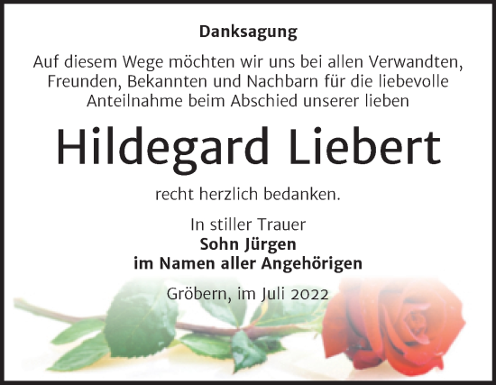 Traueranzeige von Hildegard Liebert von Trauerkombi Bitterfeld