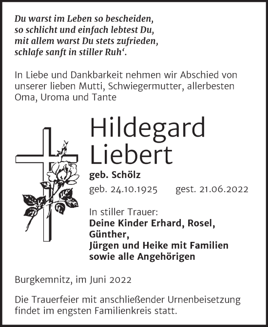 Traueranzeige von Hildegard Liebert von Trauerkombi Bitterfeld