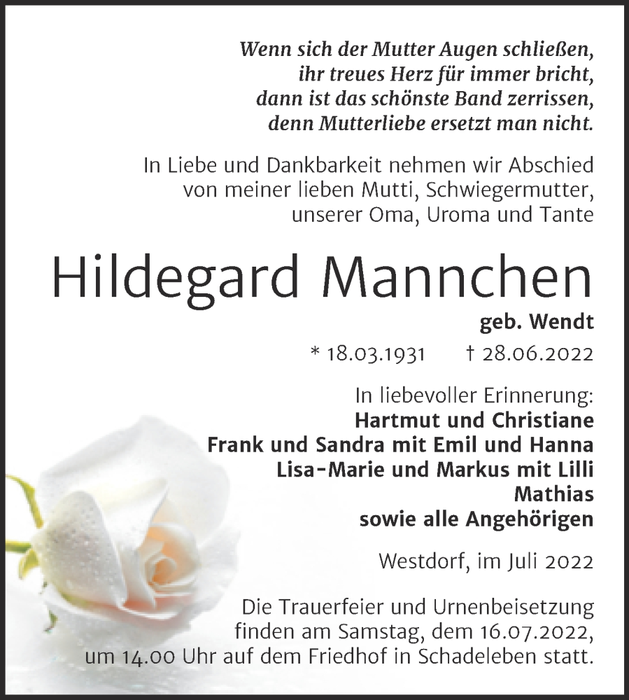  Traueranzeige für Hildegard Mannchen vom 06.07.2022 aus Trauerkombi Aschersleben