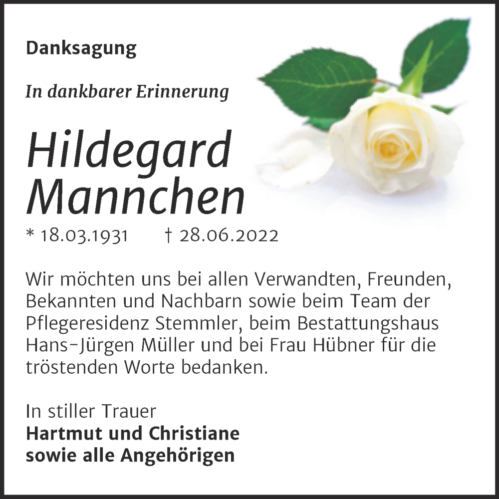  Traueranzeige für Hildegard Mannchen vom 30.07.2022 aus Trauerkombi Aschersleben