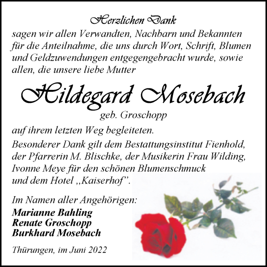 Traueranzeige von Hildegard Mosebach von Trauerkombi Sangerhausen