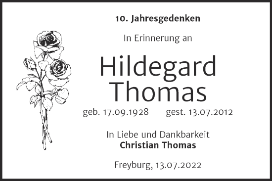 Traueranzeige von Hildegard Thomas von Wochenspiegel Naumburg/Nebra