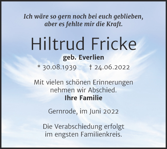 Traueranzeige von Hiltrud Fricke von Trauerkombi Quedlinburg
