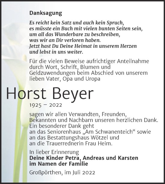 Traueranzeige von Horst Beyer von Trauerkombi Zeitz