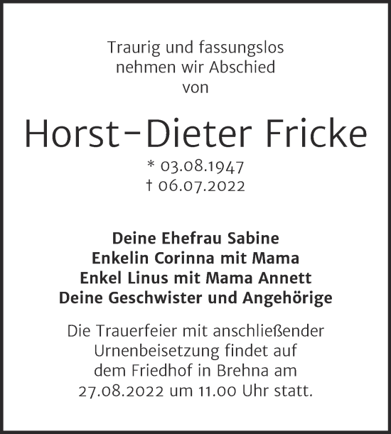 Traueranzeige von Horst-Dieter Fricke von Trauerkombi Bitterfeld