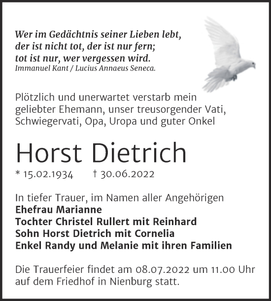 Traueranzeige von Horst Dietrich von Mitteldeutsche Zeitung Bernburg