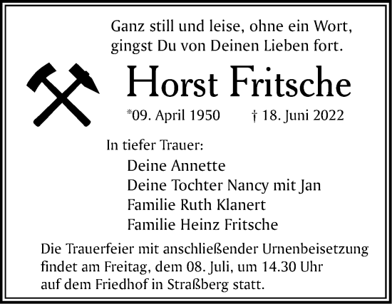 Traueranzeige von Horst Fritsche von Trauerkombi Quedlinburg