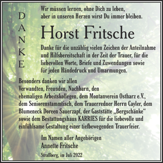 Traueranzeige von Horst Fritsche von Trauerkombi Quedlinburg