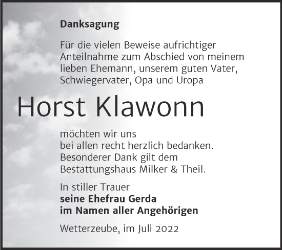 Traueranzeige von Horst Klawonn von Trauerkombi Zeitz