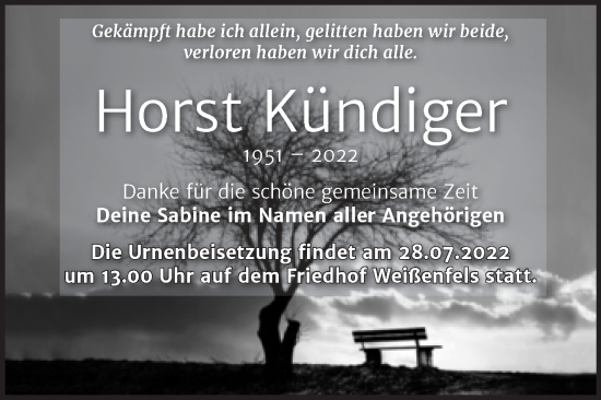 Traueranzeige von Horst Kündiger von Trauerkombi Weißenfels