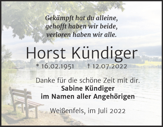 Traueranzeige von Horst Kündiger von Trauerkombi Köthen