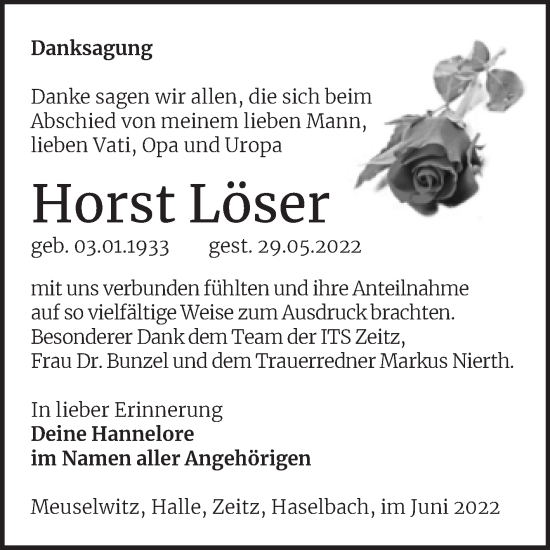 Traueranzeige von Horst Löser von Trauerkombi Zeitz