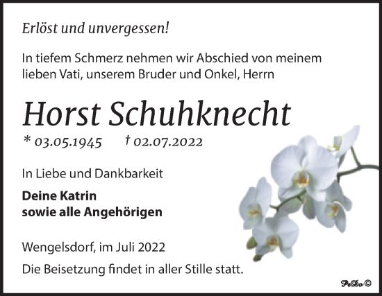 Traueranzeige von Horst Schuhknecht von Trauerkombi Weißenfels