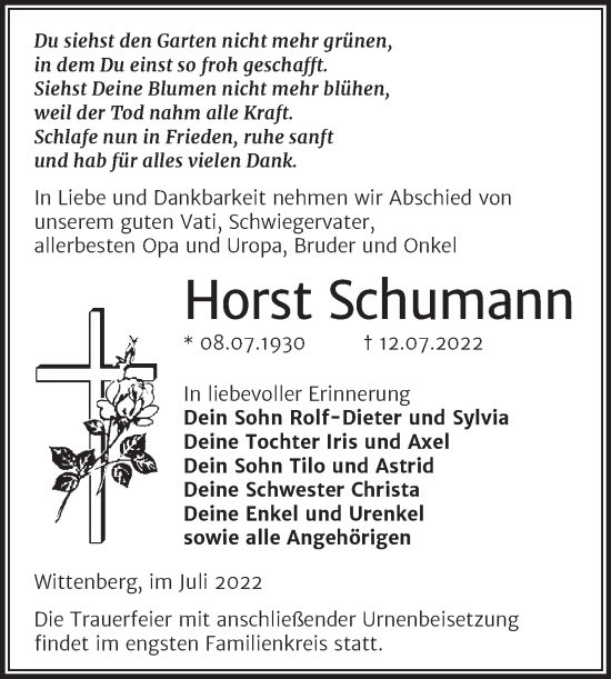 Traueranzeige von Horst Schumann von Trauerkombi Wittenberg